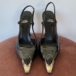 Jeffrey Campbell Black Patent Slingback Pumps with Silver Metallic Cap
